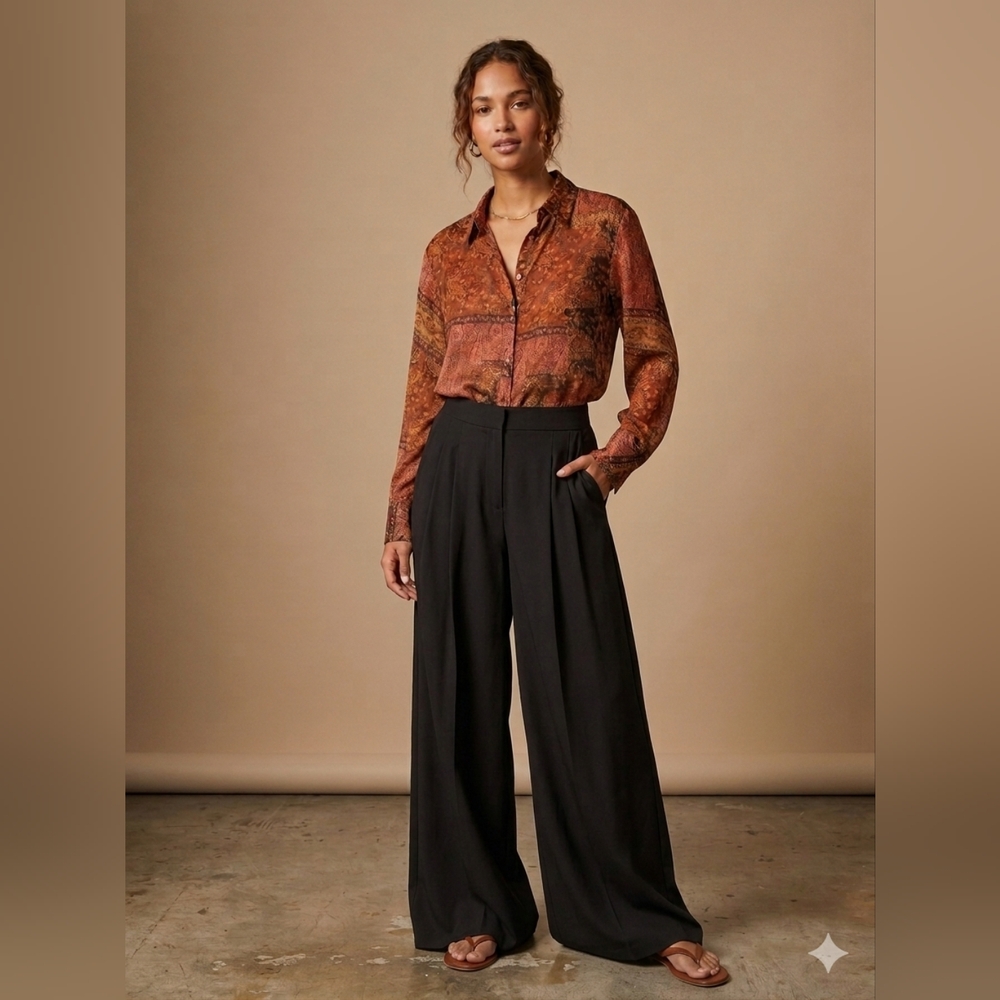 Zara Rust Paisley Print Button-Up Sheer Blouse